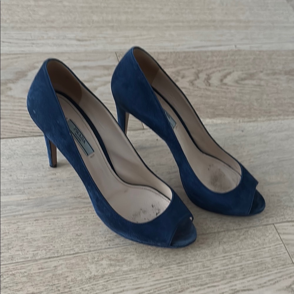 Prada Blue Suede Peep-Toe Heels